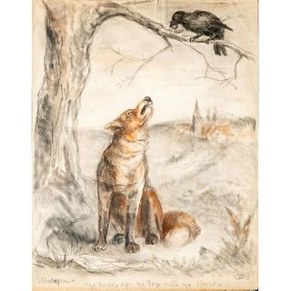 Framed Hannah Barlow Drawing, Tale Of The Fox And The Crow
