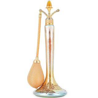 Steuben De Vilbiss Gold Aurene Engraved Perfume Bottle With Atomizer