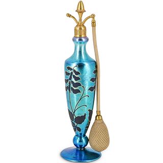 Steuben De Vilbiss Blue Aurene Engraved Perfume Bottle With Atomizer