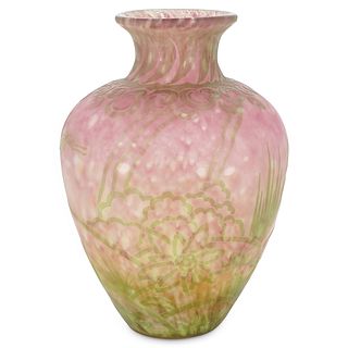 Steuben Cluthra Green Glass "Hunting" Pattern Vase