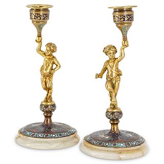 (2 Pc) 19th Cent. French Gilt Bronze Champleve Panisci Candlesticks