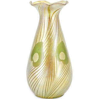 Steuben Gold Aurene Peacock Feather Vase