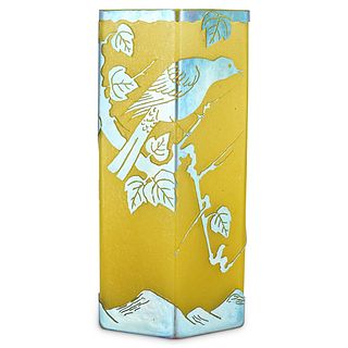 Steuben Blue Aurene Cased Yellow Jade Etched Vase