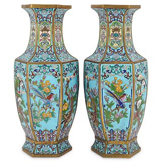 (2 Pc) Chinese Cloisonne Hexagonal Vases