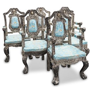 (6 Pc) Anglo-Indian Silver Overlaid Repousse Chairs