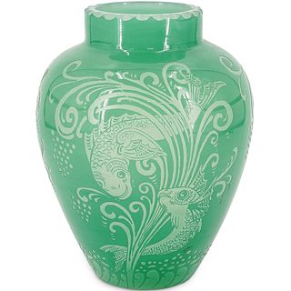 Steuben Acid-Etched Green Jade Over Alabaster Vase