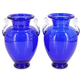 (2 pc) Steuben Cobalt Blue Vases