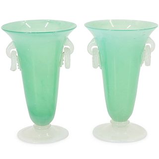 (2 pc) Steuben Green Jade Ring Handled Vases