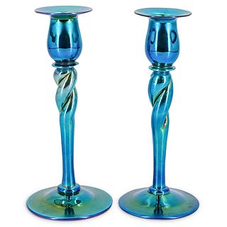 (2 pc) Steuben Blue Aurene Candlesticks