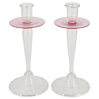 (2 pc) Steuben Candlesticks With Engraved Disc