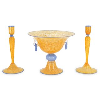(3 pc) Steuben Orange And Blue Cintra Centerpiece With Candlesticks