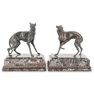(2 Pc) Bronze & Marble Greyhound Dog Bookends