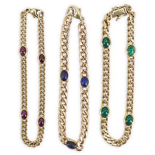 (3 Pc) 14k Gold and Precious Stone Cabochon Bracelet