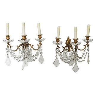 (2 Pc) Antique French Bronze & Crystal Sconce Lamps