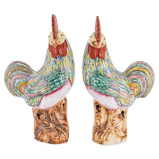 (2 Pc) Chinese Famille Rooster Porcelain Figurines