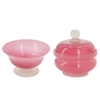 (2 pc) Stevens And Williams Rosaline Puff Box And Bowl
