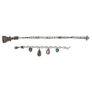(2pc) Silver Etruscan Revival Charm Bracelet