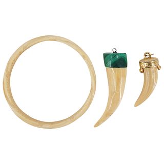 (3 Pc) Carved Tooth & Malachite Jewelry Grouping Set