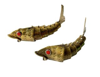 Pair of Mexican Modern Brass and Coral Articulated Fish Sculpture