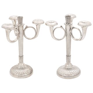 PAIR OF CANDLESTICKS, MEXICO, 20TH CENTURY, TANE 0.925 Sterling Silver, Four lights each, 12.2" (31 cm) tall, Total weight: 3269 g | PAR DE CANDELABRO