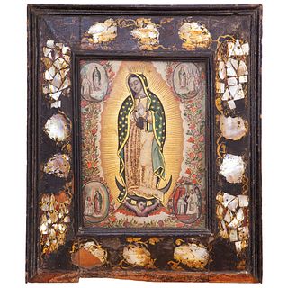 VIRGEN DE GUADALUPE CON APARICIONES MEXICO, 18TH CENTURY Oil on sheet, shell frame Canvas: 9.4 x 7" (24 x 18 cm)  Frame: 15.3 x 12.9" (39 x 33 cm) | V