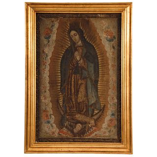 VIRGEN DE GUADALUPE MEXICO, EARLY 19TH CENTURY Oil on canvas Conservation details 32.2 x 21.2" (82 x 54 cm) | VIRGEN DE GUADALUPE MÉXICO, PRINCIPIOS D