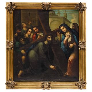 CUARTA ESTACIÓN DEL VÍA CRUCIS: JESÚS SE ENCUENTRA CON SU MADRE. MEXICO, 19TH CENTURY Oil on canvas. 38.2 x 35.4" (97.2 x 90 cm) | CUARTA ESTACIÓN DEL