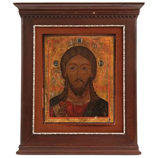 ICON CRISTO PANTOCRATOR RUSSIA, LATE 19TH CENTURY, Oil on wood, Conservation details, 17.5 x 14.3" (44.5 x 36.5 cm) | ICONO CRISTO PANTOCRATOR RUSIA, 