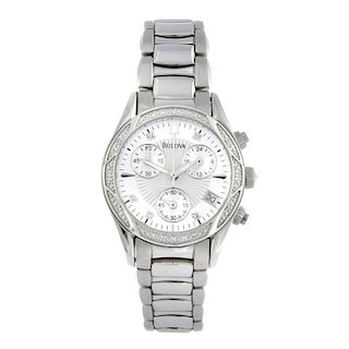 BULOVA - a lady's chronograph bracelet watch. Stainless steel case with factory diamond set bezel. R