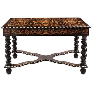 TABLE FRANCE, Ca. 1900 Made of ebonized wood, decorated with marquetry and bone applications 29.9 x 51.1 x 30.3"  (76 x 130 x 77 cm) | MESA FRANCIA, C