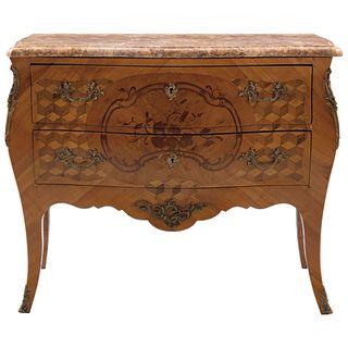 CABINET FRANCE, Ca. 1900 Decorated with marquetry, two drawers, gilt bronze applications and marble top 35 x 41.7 x 20.8" (89 x 106 x 53 cm) | CÓMODA 