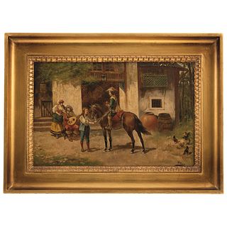 MANUEL PICOLO LÓPEZ MURCIA, (1855-1912) JINETE A CABALLO BEBIENDO Oil on canvas Signed Conservation details 10.2 x 15.5" (26 x 39.5 cm) | MANUEL PICOL