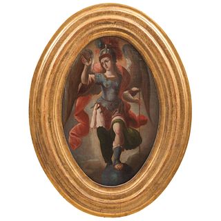 SAN MIGUEL ARCÁNGEL 18TH CENTURY Oil on canvas Conservation details 32.6 x 21.2" (83 x 54 cm) | SAN MIGUEL ARCÁNGEL Siglo XVIII Óleo sobre tela  Detal