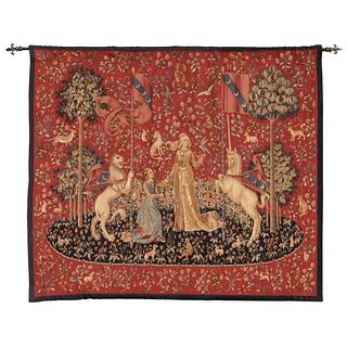 LA DAMA Y EL UNICORNIO:EL GUSTO EUROPA, 18TH CENTURY, Made of wool, silk thread and cotton Includes gold metal bar 66.5 x 75.5" (169 x 192 cm) | LA DA