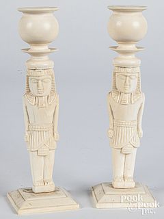 Pair of Egyptian carved bone candlesticks