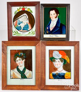 Four reverse painted portraits, 19th c.