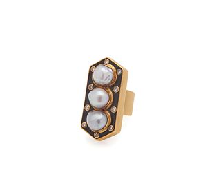 High Karat Gold, Onyx, Pearl, and Diamond Ring