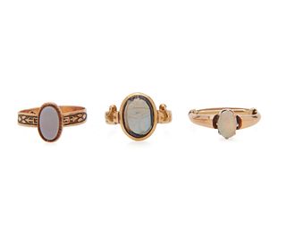 FRANK WALTER LAWRENCE Egyptian Revival Carved Opal Ring and Two Other Rings