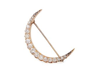 18K Gold and Diamond Crescent Brooch