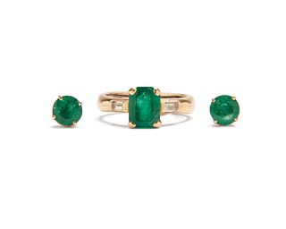 14K Gold and Emerald Ring and Stud Earrings