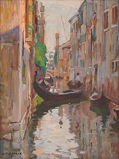 ALDRO THOMPSON HIBBARD, (American, 1886-1972), Gondolas, Venice, 1914, oil on board, 13 1/2 x 10 in., frame: 18 x 15 in.