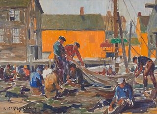 JAMES JEFFREY GRANT, (Scottish, 1883-1960), Dock Scene, oil on canvas board, 13 x 17 1/4 in., frame: 16 3/4 x 21 in.