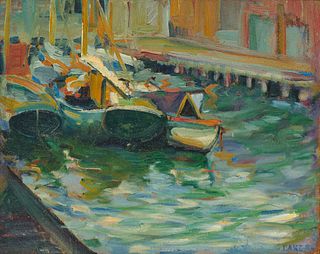 AMERICAN SCHOOL, (20th century), Wharf with Sailboats, oil on canvas board, 16 x 19 3/4 in., frame: 23 1/8 x 27 1/4 in.