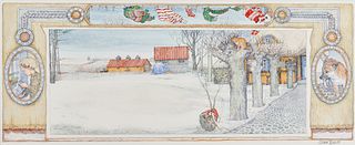 JAN BRETT, (American, b. 1949), The Barn Cat, from The Hat, watercolor, sight: 8 1/4 x 20 1/4 in., frame: 15 1/2 x 27 in.