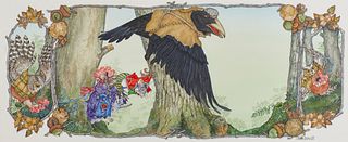 JAN BRETT, (American, b. 1949), Blackbird, from Town Mouse, Country Mouse, watercolor, sight: 8 1/4 x 20 1/4 in., frame: 15 1/2 x 27 in.
