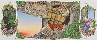 JAN BRETT, (American, b. 1949), Owl, from Town Mouse, Country Mouse, watercolor, sight: 8 1/4 x 20 1/4 in., frame: 15 1/2 x 27 1/4 in.