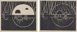 RICHARD FILOPOWSKI, (Polish, 1923-2008), Untitled (Two Works), 1948, woodcuts, plate: 5 3/4 x 6 3/4 in., frame: 11 3/4 x 12 1/4