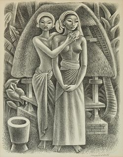 MIGUEL COUARRUBIAS, (Mexican/American, 1904-1957), Rice Granary, Bali, lithograph, sight: 12 3/4 x 10 in., frame: 20 3/4 x 16 3/4 in.