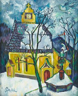 ALFRED CZEREPAK, (American, 1928-1986), Nighttime Church, Neubeuern, Germany, acrylic on canvas, 20 x 16 in., frame: 26 x 22 in.