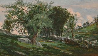 FRANK HENRY SHAPLEIGH, (American, 1842-1906), Springtime Landscape, oil on panel, 7 1/2 x 12 1/2 in., frame: 12 1/4 x 17 1/4 in.